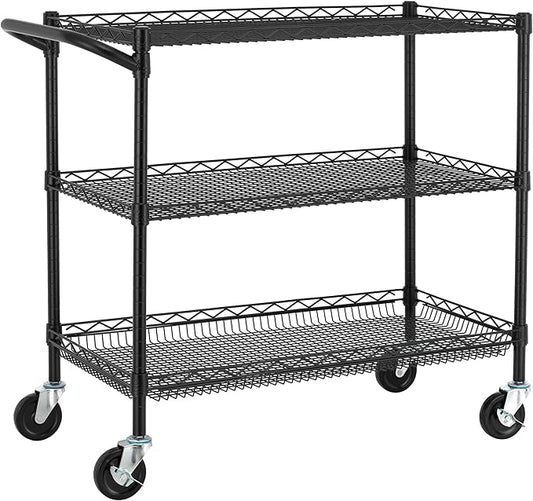 Finnhomy 3 Tier Heavy Duty Commercial Grade Utility Cart, Wire Rolling Cart with Handle Bar, Steel Service Cart with Wheels, Kitchen Carts on Wheels, Metal Cart Shelf Size 18" D x 36" W, NSF, Black