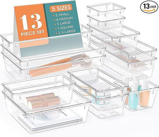 13 PCS Drawer Organizer Set, 5 Varied Size Bathroom and kitchen Drawer cabinet organizer Trays, Clear Storage Bins for Makeup, Jewelry, Utensils and Gadgets-NeatNest
