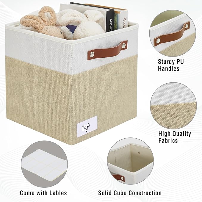 Collapsible Fabric Storage Cube Bins with 2 Reinforced PU Handles, Foldable Storage Organizer Baskets for Closet, Shelves, Living Room | 11"x11"x11", 4 Pack, Beige & White-NeatNest