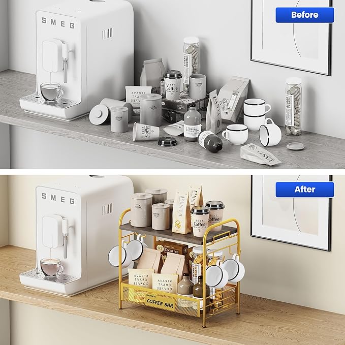 Coffee Bar Organizer for Countertop Station, Simple Assembly 2 Tier Shelf for Home,Office, Coffee Cup Holder Storage Organization for Counter Accessory Storage Rack with 4 Hooks Space-Saving-NeatNest