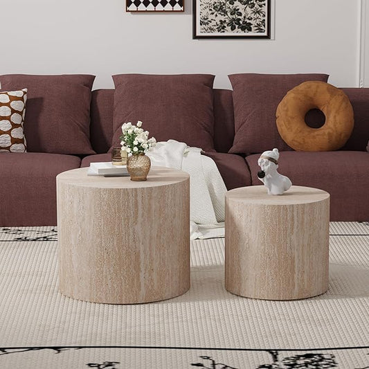 Round Nesting Coffee Table Set of 2 Circle Nested Coffee Tables Modern Travertine Coffee Table Set of 2 Wooden Drum End Side Tables for Living Room Bedroom Small Spaces (Travertine)