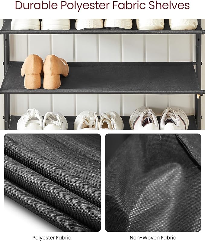 VASAGLE Shoe Rack, 5-Tier Shoe Storage Organizer for Entryway and Closet, Holds 12-16 Pairs of Shoes, 4 Fabric Shelves, Steel Frame, Industrial, Rustic Brown and Black ULBS036B01-NeatNest