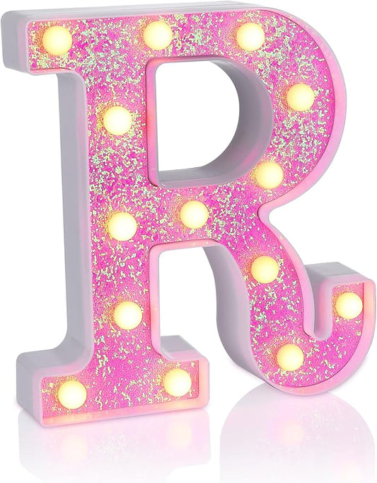 Foaky Pink Light up Letters，Pink Party Decorations,Girls Room Decor,Glitter Light Up Letters,Alphabet Letter Sign for Night Light Birthday Party Girls Gifts, Home Bar Decoration（R）-NeatNest