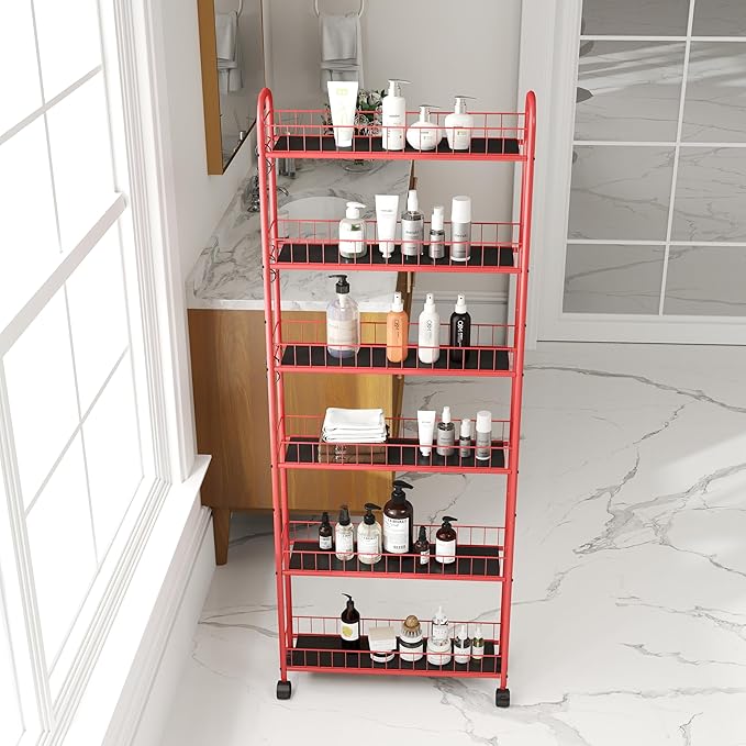 6-Tier Storage Cart Wire Slim Shelving Shelf with Wheels for Small Spaces, Rolling Tall Organizer Storage for Bathroom, Kitchen, Home, Garage, Bedroom, Closet (Red, 6" D)