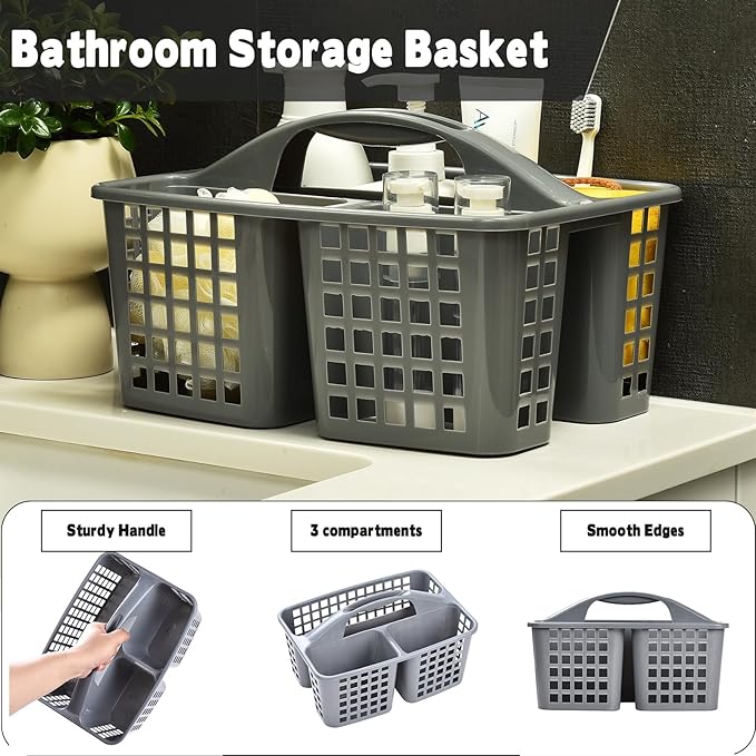 Haundry Plastic Shower Caddy Basket with 3 Compartments, Portable Divided Cleaning Supply Storage Organizer with Handle (Grey)-NeatNest
