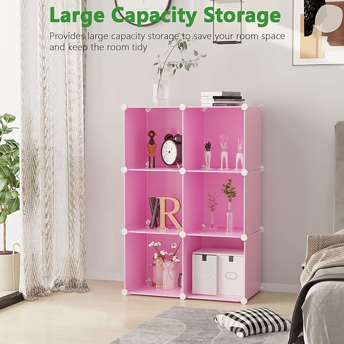 C&AHOME Cube Storage Organizer, 6-Cube Shelves Units, Closet Cabinet, DIY Plastic Modular Book Shelf, Ideal for Bedroom, Living Room, Office, 36.6" L x 12.4" W x 36.6" H Pink UPCS06P-NeatNest