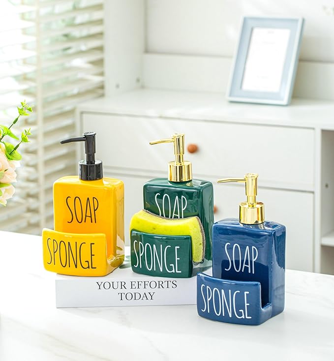Ceramic soap Dispenser with Sponge Holder for Kitchen Sink Bathroom Counter top Storage and Organization (Yellow)-NeatNest