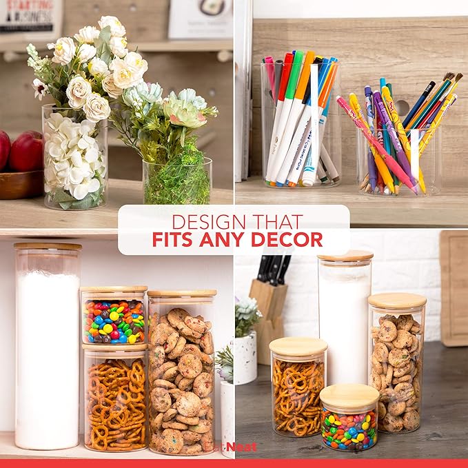 EatNeat 4‑Piece Glass Canister Set with Airtight Bamboo Lids – Giftable Kitchen Storage – Tall Jar Fits Spaghetti – 74/56/36/20 oz for Pantry, Dry Goods, Coffee, Snacks & More