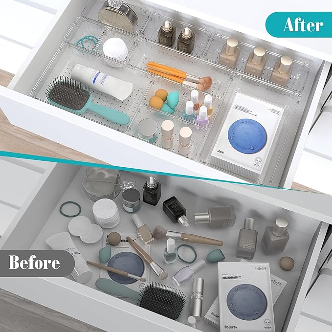 28 PCS Clear Plastic Drawer Organizers Set, 4 Size Desk Drawer Organizer Trays for Makeup, Jewelry, Kitchen Utensils, Gadgets and Office Accessories-NeatNest