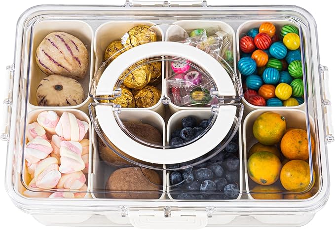 Amzcku Divided Serving Tray with Lid and Handle - Snackle Box Charcuterie Container for Portable Snack Platters - Clear Organizer for Candy, Fruits, Nuts, Snacks - Perfect for Party, Entertaining-NeatNest