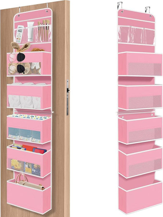 6-Tier Over The Door Organizer Hanging Storage Organizers with Clear Window 40lb Large Capacity Room Organizer for Pantry Bathroom Nursery Closet(Pink)-NeatNest