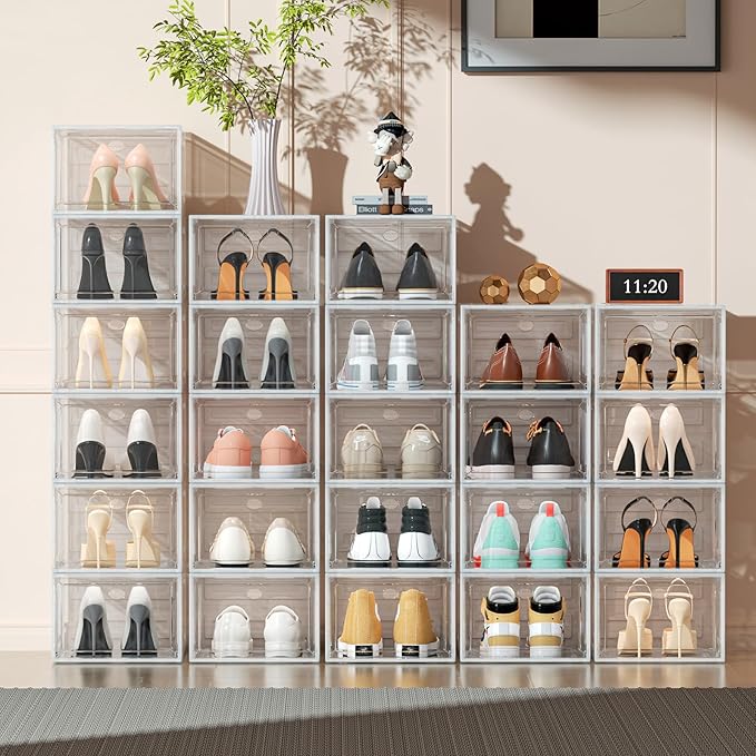12 Pack Upgrade Harder Solid Plastic Shoe Organizer, Shoe Boxes Clear Stackable, Sneaker Storage for Closet, Shoe Display Case-NeatNest