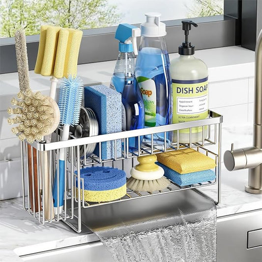 Cisily Silver 2-Tier Kitchen Sink Caddy Organzier Rack with Flexible Dish Brush Holder, Sponge Holder for Kitchen Sink Countertop Organization Storage,Home Decor Stainless Steel-NeatNest