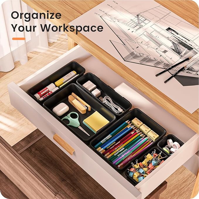 A-LuGei 【28PCS】 Drawer Organizer, Bathroom Organizers and Storage, Makeup organizer, Desk drawer organizer, Storage Bins for Kitchen Office Bedroom Vanity Jewelry Pantry Garage【Black】【4Size】-NeatNest