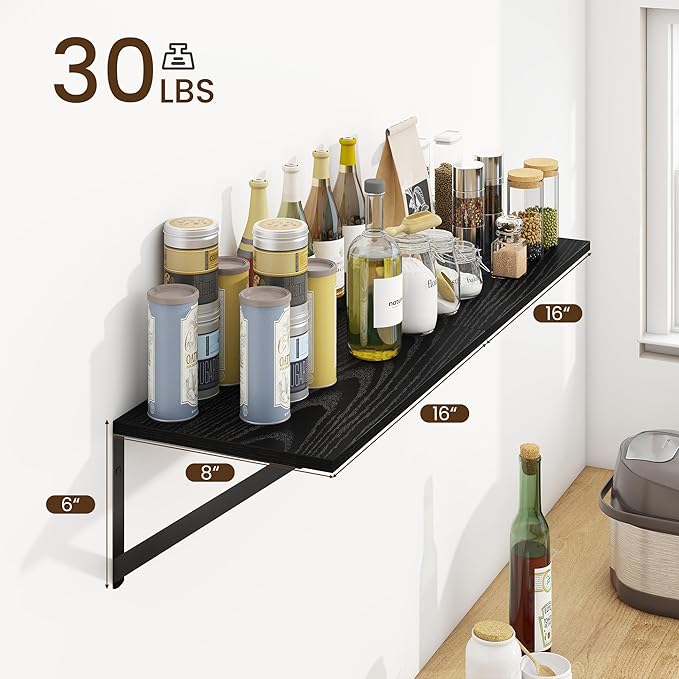 Fun Memories Deep Floating Shelves for Wall, 16W x 8D Wall Mounted Shelves Set of 2, Wide Display Ledge Shelf with Sturdy Metal Brackets for Living Room, Bathroom, Bedroom and Kitchen, Black-NeatNest