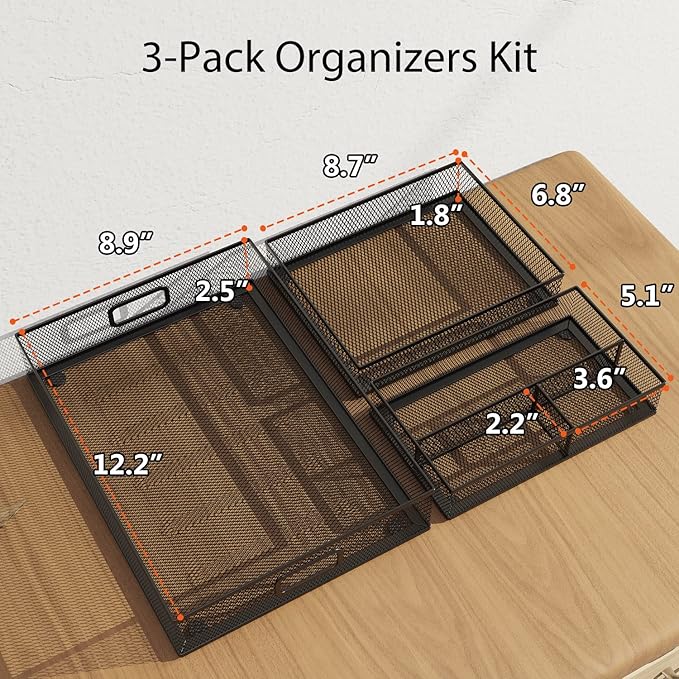Desk Drawer Organizer Set, 3 Pcs Metal Mesh Office Drawer Organizers, Paper Organizer Letter Tray for Desk, Junk Drawer Organizer for Office, Kitchen, Makeup, Vanity-NeatNest