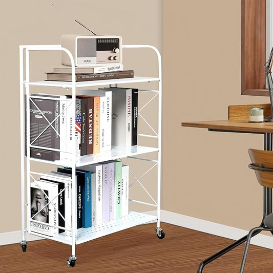 Foldable 3-Tier Metal Shelf with Wheels - Folding Bookshelf Unit for Living Room, Kitchen, Study 12.6" D x 23.6" W x 33.8" H, Glossy White