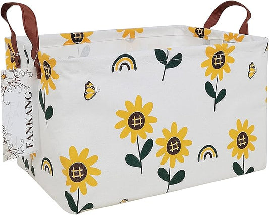 FANKANG Storage Bins, Nursery Hamper Canvas Laundry Basket Foldable with Waterproof PE Coating Large Storage Baskets for Kids Boys and Girls, Office, Bedroom, Clothes,Toys(Rec-Sunflower）