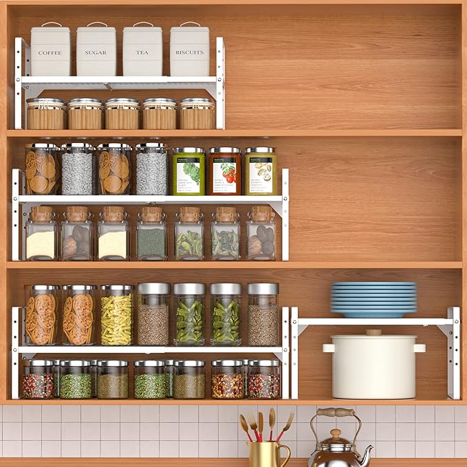 iPEGTOP Large Expandable Cabinet Storage Shelf Organizer Rack, Heavy Duty Stackable Steel Metal Spice Rack Adjustable Height Home Office Pantry Garage Shelf for Counter Kitchen, White - 1 Pack-NeatNest