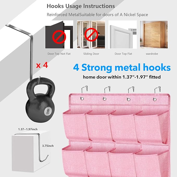 Pink Shoe Organizer Over the Door for Girls Women Kids Room,Hanging Shoe Rack Organizer for Closet Door,Zapateras Storage Holder with 24 Large Pockets & 4 Sturdy Hooks for Shoes,Slippers-NeatNest