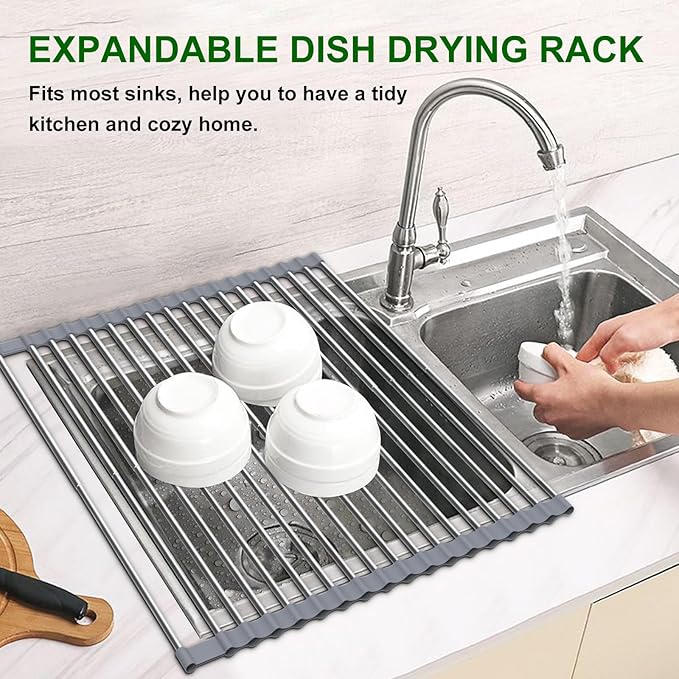 Sindax 23.7" Extra Large Dish Drying Rack, Expandable Roll Up Over The Sink Dish Drying Rack, SUS304 Stainless Steel Multipurpose Kitchen Drainer Rack Up Load to 70Lb