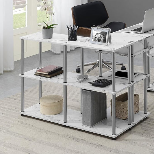 Convenience Concepts Designs2Go No Tools 3 Tier Wide Console Table 42" - Modern Accent with Shelves for TV Media Center, Office Desk Extension, Entryway Display, & Home Storage, White Faux Marble-NeatNest