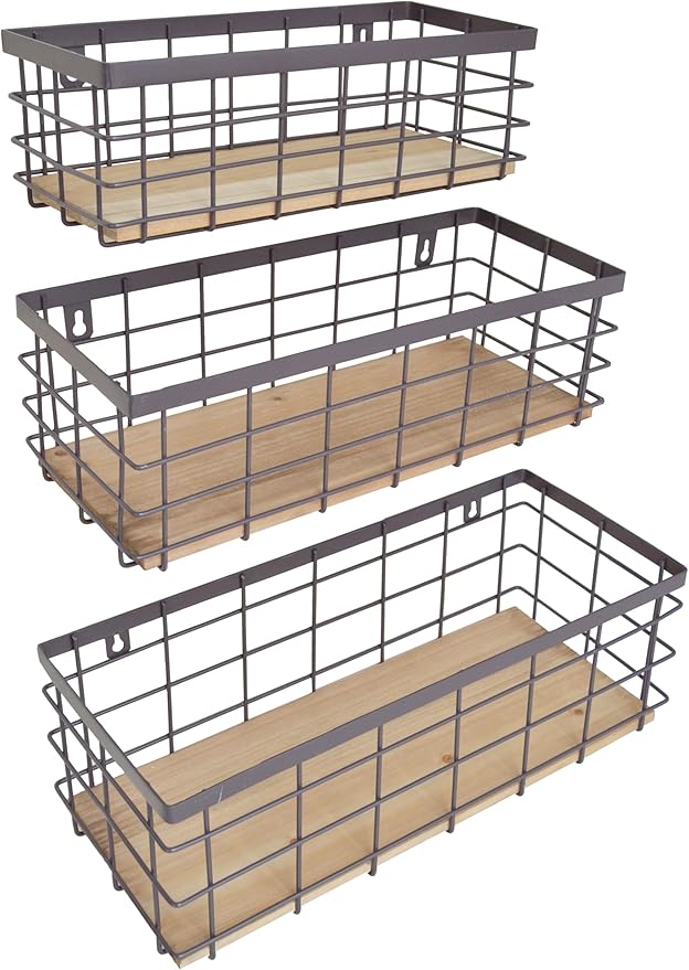 Metal Wire Basket Detachable Wood Base Storage Organizer Farmhouse Bin for Kitchen Cabinets, Bathroom, Pantry, Laundry Room, Closets Set of 3,Brown Color