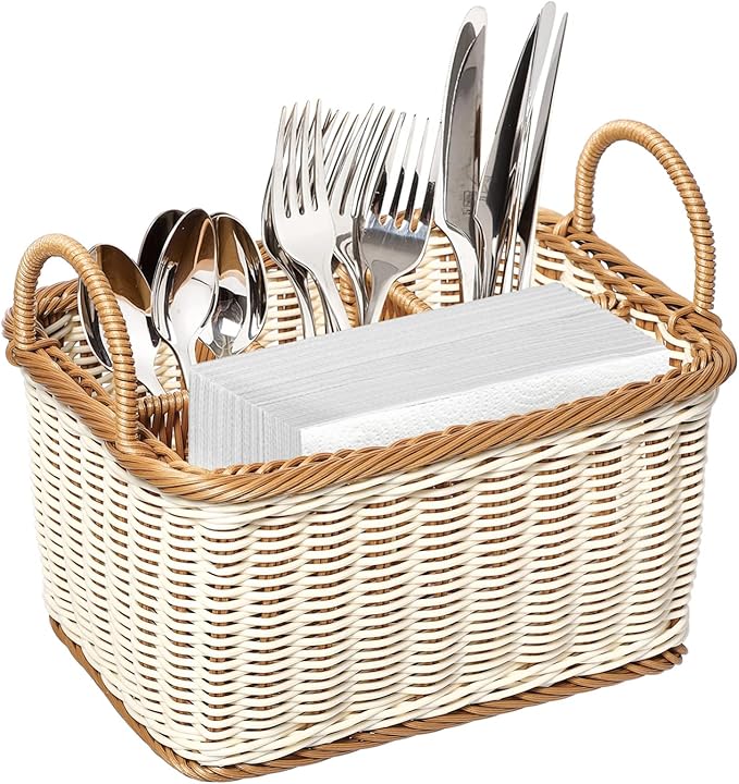 Cabilock Wicker Flatware Organizer, Cutlery Holder for Countertop, Woven Cutlery Storage with Handles, 4 Compartments Utensil Tableware Basket-NeatNest