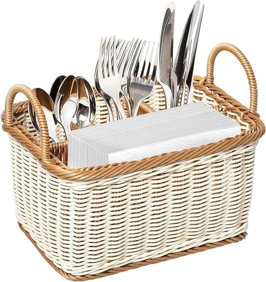 Cabilock Wicker Flatware Organizer, Cutlery Holder for Countertop, Woven Cutlery Storage with Handles, 4 Compartments Utensil Tableware Basket-NeatNest