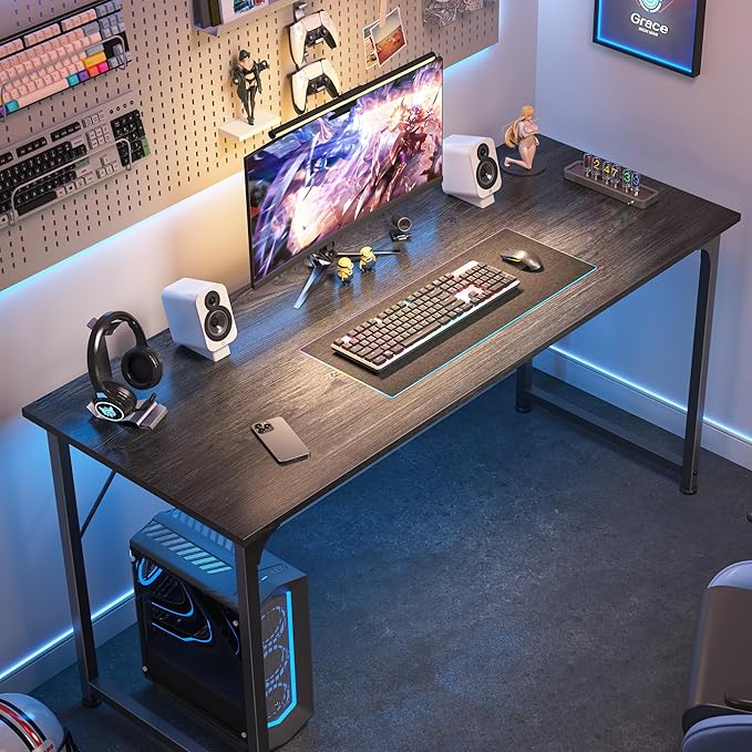 Huuger Computer Desk, 55 Inch Home Office Desk, Gaming Writing Work from Home Study Desk, Large Legroom, Sturdy Metal Frame, Modern Simple, Grey-NeatNest
