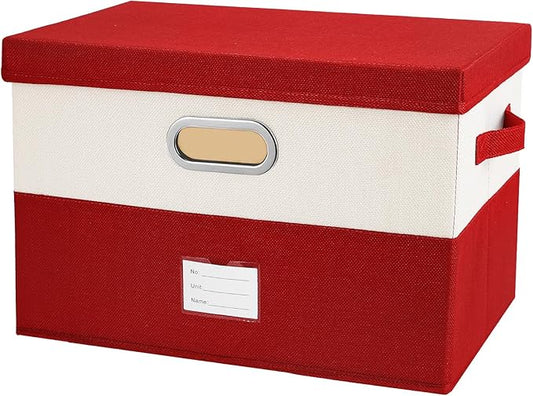 Large Linen Fabric Foldable Storage Bins with Removable Lid and Handles, Washable Storage Box Organizer Containers Baskets Cube with Cover for Bedroom,Office(Red&Cream, Large)-NeatNest