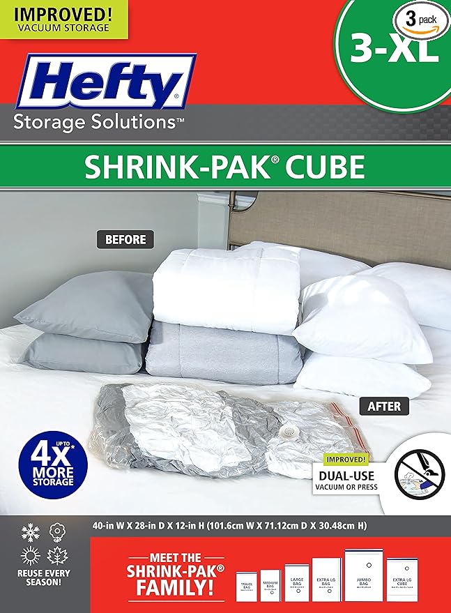 Hefty Shrink-Pak Vacuum Storage Bags - Space Saver for Under Bed Storage, Clothing and Comforters, Odor Resistant, 3X More Storage Space - 3 XL Cubes Bags-NeatNest