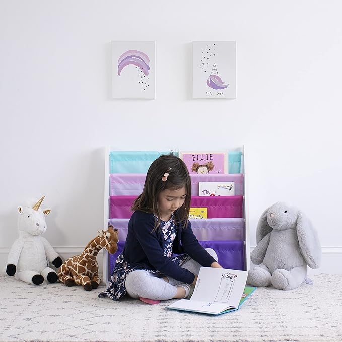 Humble Crew, White/Pink/Purple/Blue Kids Book Rack Storage Bookshelf, 4 Tiers, 25" W x 11" D x 24" H