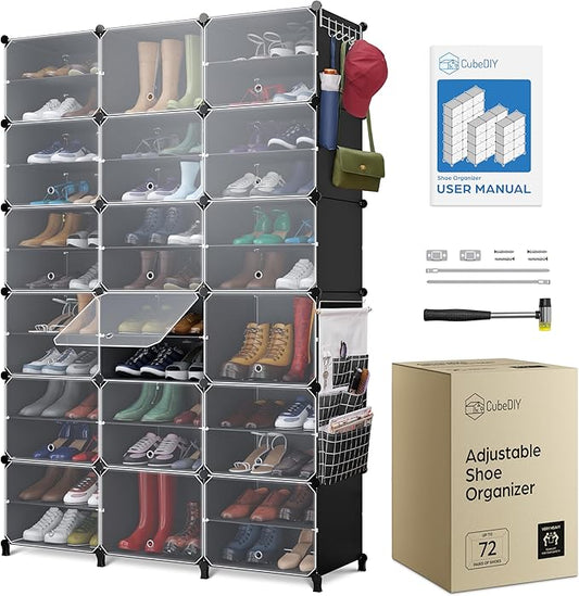 Shoe Organizer Cabinet Up to 72 Pairs, Shoe Closet-Covered Shoe Rack with See-Through Door (Clear, Plastic, Stackable) Cubby Portable Shoe Organizer with Covers, Hooks & Pockets, Black-NeatNest