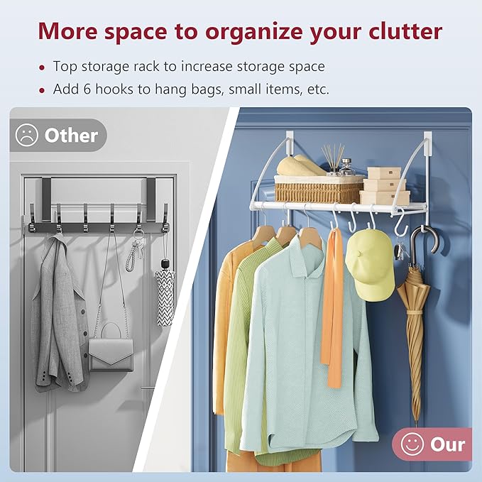 Tajsoon Over The Door Hanger with Storage Rack and 6 Hooks, Over The Door Clothes Rack for Hanging Towel & Coat, Over The Door Clothes Drying Racks for Bathroom, Bedroom, Living Room, White