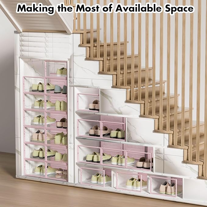Shoe Storage Box, 15 Pack Clear Plastic Stackable Shoe Organizer for Closet, Interlocking Design Shoe Container Bins for Sneakers, Foldable Shoe Rack with Lids, Pink-NeatNest