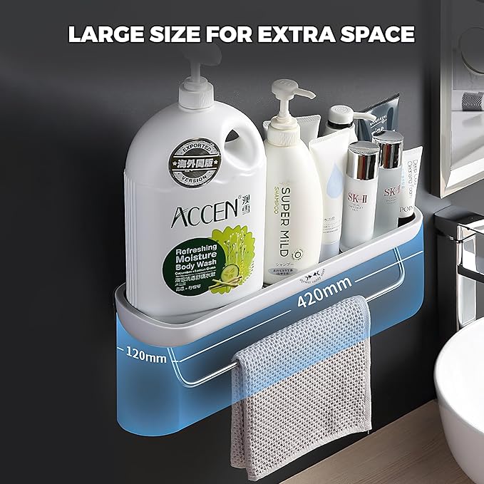 Shower Caddy - Wall Mounted - with Towel Bar - Extra Strong Self Adhesive - No Drilling - Easy Drainage - Stylish and Space Saving - Rustproof (White/Gray)