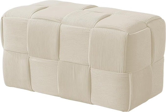 Ottoman Foot Rest Soft and Comfortable Ottoman Square Corduroy Woven Design Sofa Stool (White-L)