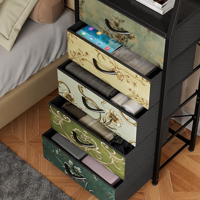 Furnulem Retro 5 Drawers Dresser, Tall Dressers for Bedroom, Closet, Hallway, Nursery, Fabric Storage Tower Organizer, Vertical Nightstand Side Table Furniture, Steel Frame, Wood Top-NeatNest