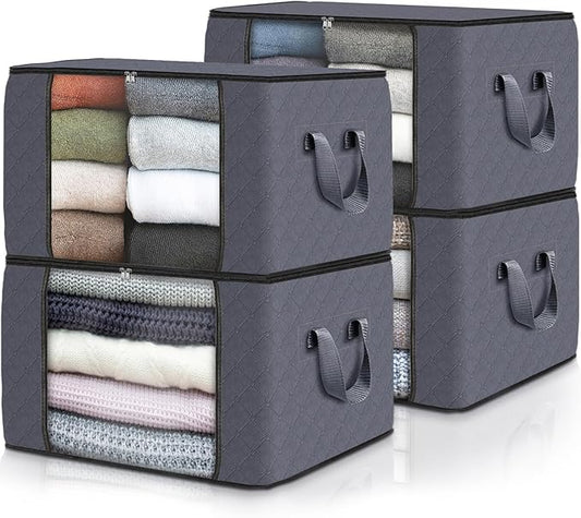 Fab totes 4 Pack Clothes Storage, Foldable Thick Fabric Blanket Storage Bags, Containers for Organizing Bedroom, Closet, Clothing, Comforter,Closet Organization with Handle,Grey-NeatNest