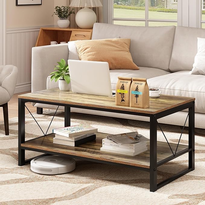Rectangle Coffee Table Tea Table with Storage Shelf, Farmhouse Wooden Coffe Table for Living Room Table, 40" Rustic Center Table 2-Tier Minimalist Coffee Table Easy Assembly (Natural Wood)-NeatNest