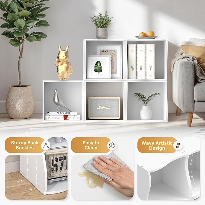 4 Cube Storage Organizer Shelf, Stackable Wooden Bookshelf, Modular Bookcase for Bedroom, Living Room, Office, Study (White)