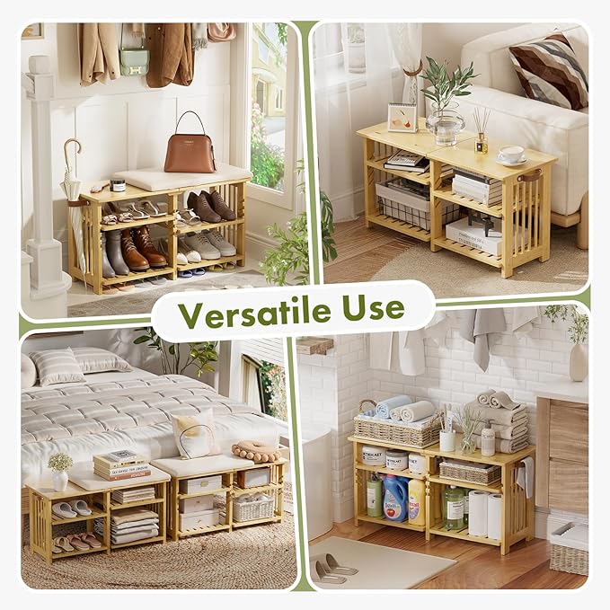 Amazer Bamboo Shoe Rack Bench, 3-Tier Shoe Bench Height Adjustable, Entry Bench with Side Storage Strap, Shoes Organizer Storage Bench, Shoe Shelf with Seat Cushion for Entryway, Living Room, Hallway-NeatNest