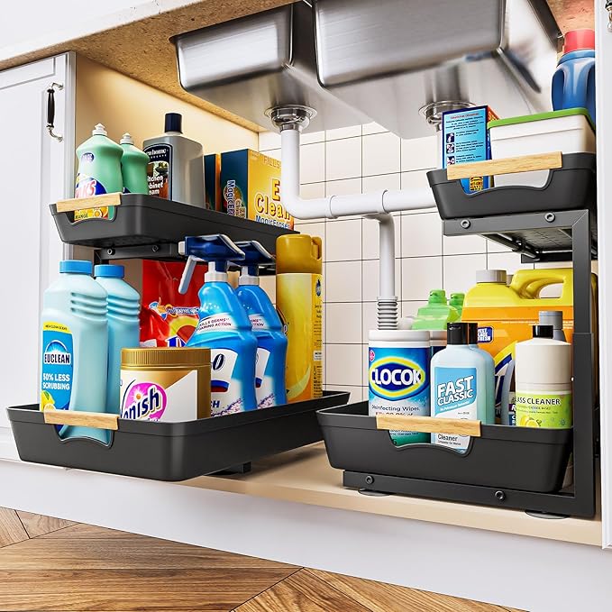Under Sink Organizer, 2 Tier Adjustable Height Under Sink Organizers and Storage, L-Shaped Slide Out Pull Out Cabinet Organizers for Bathroom Kitchen Pantry (2 Pack, Black)-NeatNest