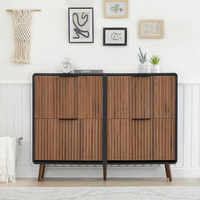 47" Fluted Large Shoe Cabinet with 4 Flip Drawers, Slim Freestanding Shoe Cabinet Organizer, Narrow Shoes Storage Rack for Entryway, 5 Sturdy Legs (Walnut and Black, 9.45" D x 47.24" W x 35.83" H)