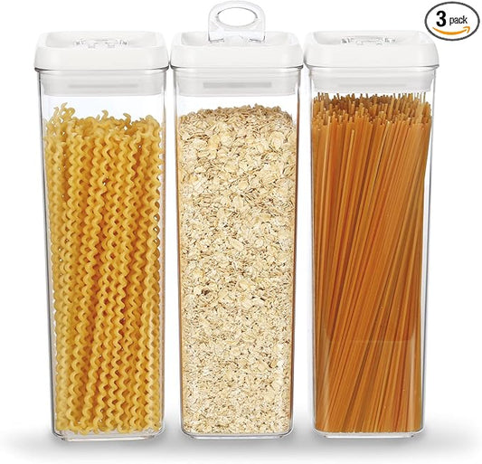 Felli Flip Tite TALL Storage Container with Lid 4" Air Tight Easy Open Ring Top, Clear Acrylic Skinny Canister Jar for Spaghetti Lasagna Fettuccine Noodle, Kitchen Cupboard Pantry Organizer (2.0 qt)-NeatNest