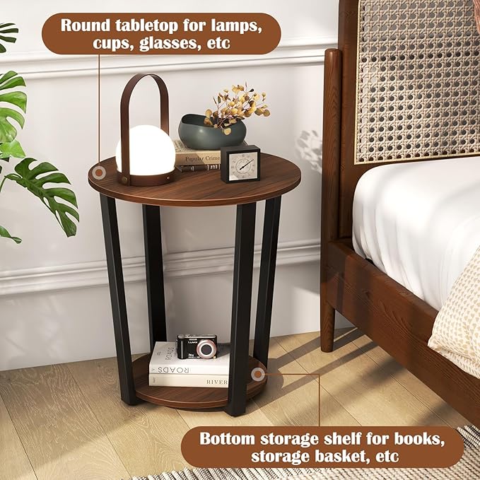 Giantex Round End Table Set of 2, 2-Tier Side Sofa Table with Open Storage Shelf and Metal Frame, Industrial Nightstand Bedside Table for Living Room, Bedroom, Small Space, Accent Furniture, Walnut
