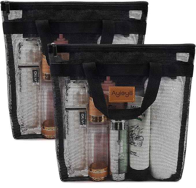 Ayieyill Shower Caddy Portable, Mesh Shower Caddy Tote Bag Quick Dry Hanging Toiletry and Bath Organizer for College Dorm, Gym, Beach, Travel or Camping with Zipper (2Pcs Black)-NeatNest