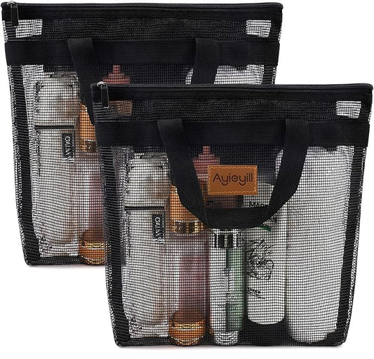 Ayieyill Shower Caddy Portable, Mesh Shower Caddy Tote Bag Quick Dry Hanging Toiletry and Bath Organizer for College Dorm, Gym, Beach, Travel or Camping with Zipper (2Pcs Black)-NeatNest
