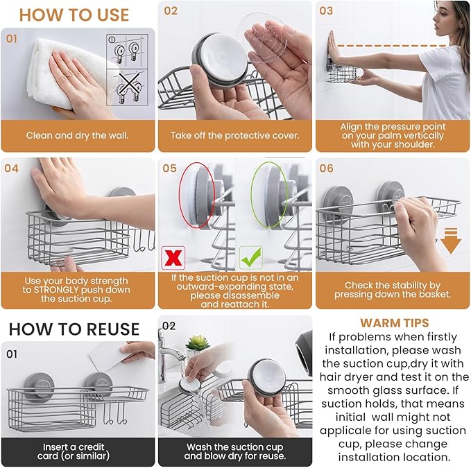 LEVERLOC Shower Caddy Suction Cup, Heavy Duty Bathroom Organizer for Inside Shower with Hooks & Soap holder， NO-Drilling Bathroom Holder-Grey